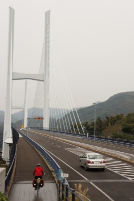 Cycling out of Nagasaki on the Magami Bridge 