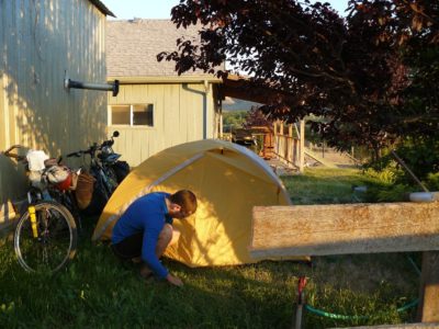 Camping in a family's yard, Washington, US